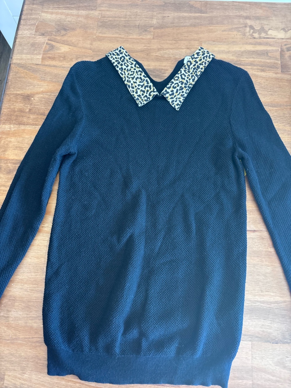 J. Crew Black Sweater with Leopard Print Collar
